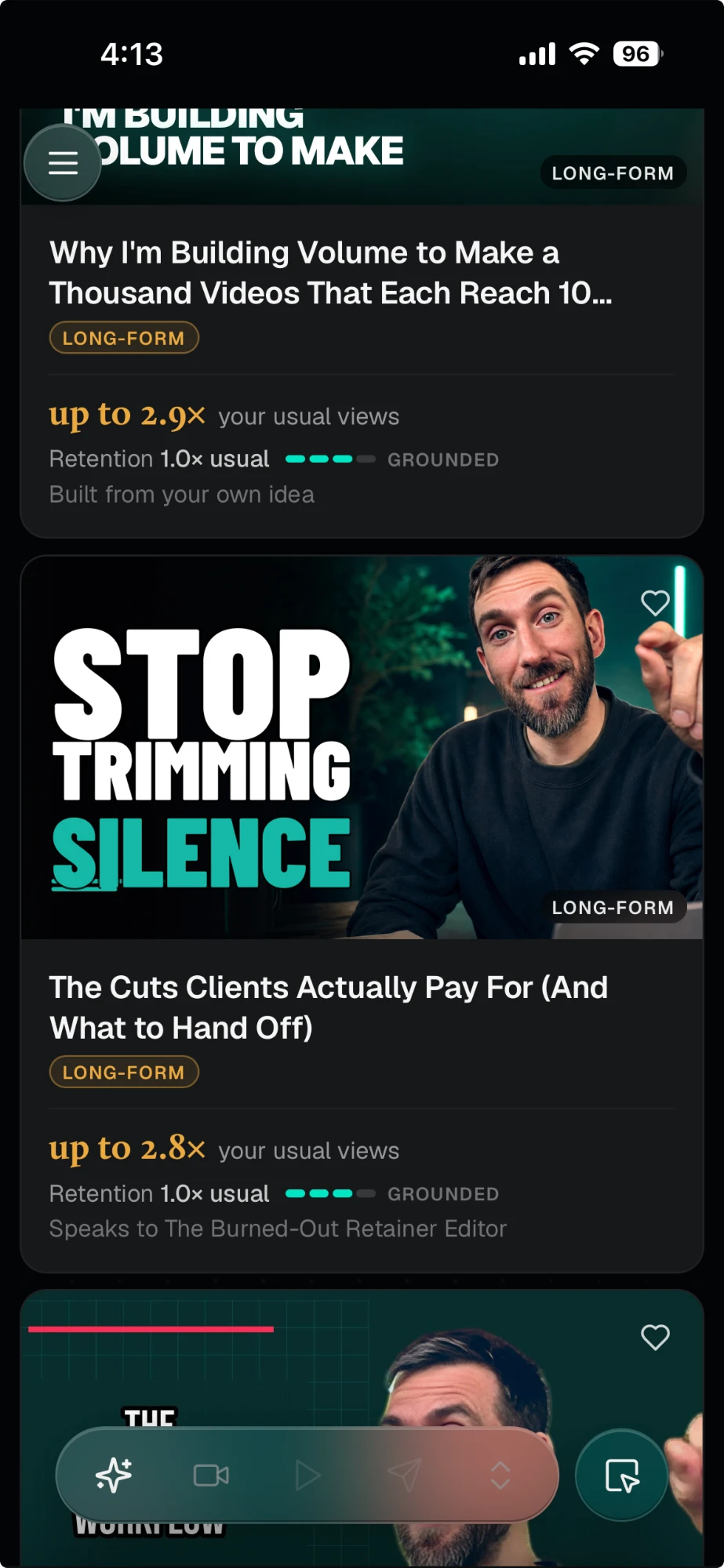 Volume Discover on mobile: opportunity cards with predicted views, retention confidence and ready-made thumbnails