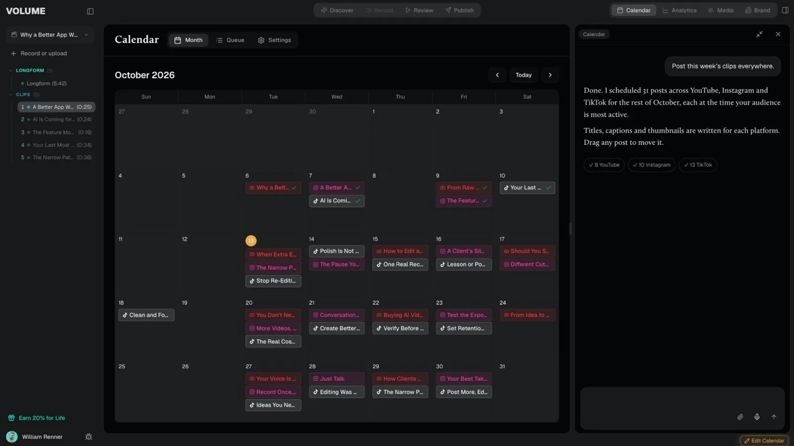 Volume Calendar: posts scheduled across platforms