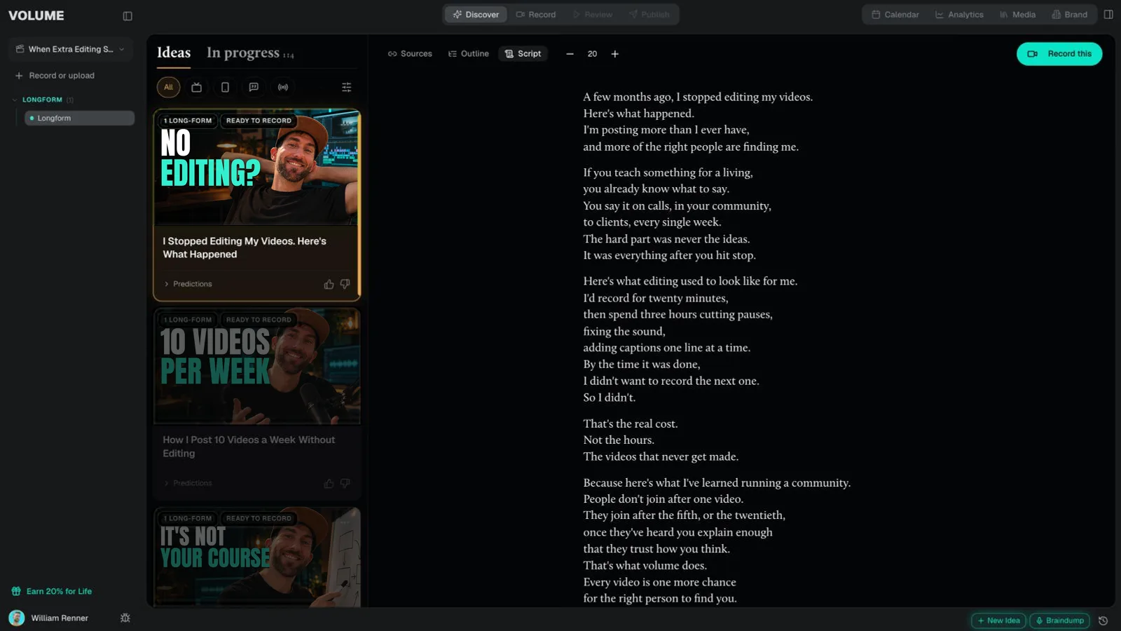 Volume Discover tab: video ideas and a script