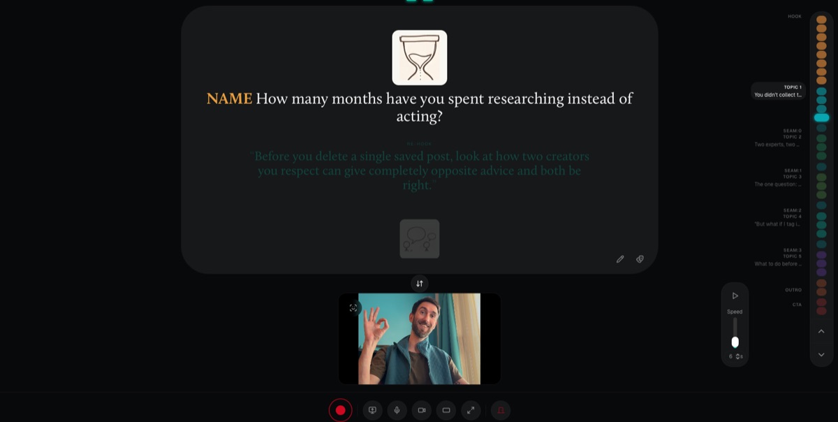 Volume recording view: teleprompter, AI coach and retakes in the browser