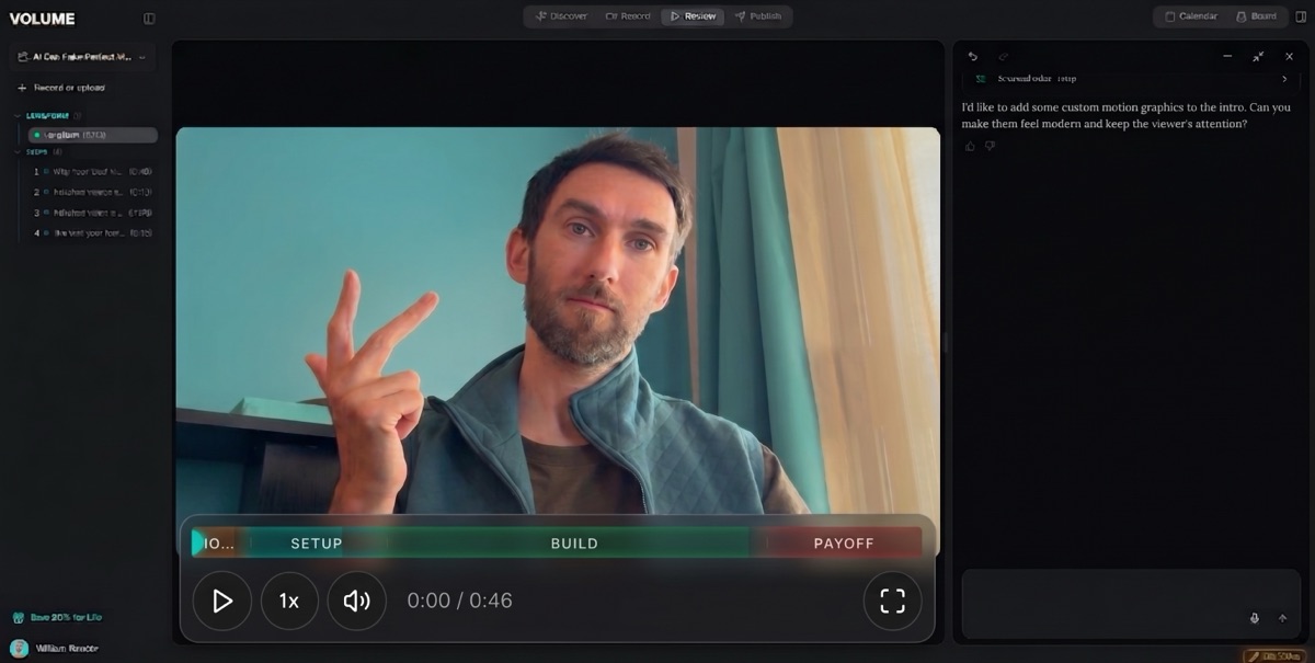 Volume Review: a finished edit with captions, grade and chat-driven changes
